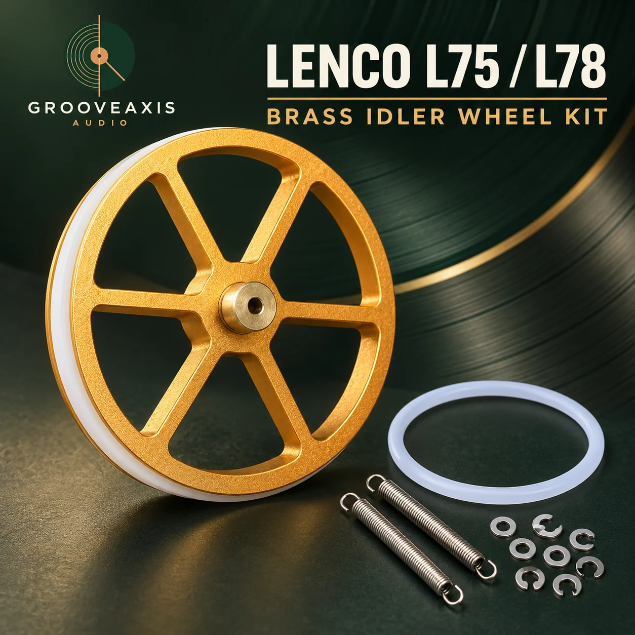 Idler Wheel GROOVEAXIS for Lenco L75 L78 Turntable Brass Pulley with Rubber Ring Spring Washer Circlip Replacement Part