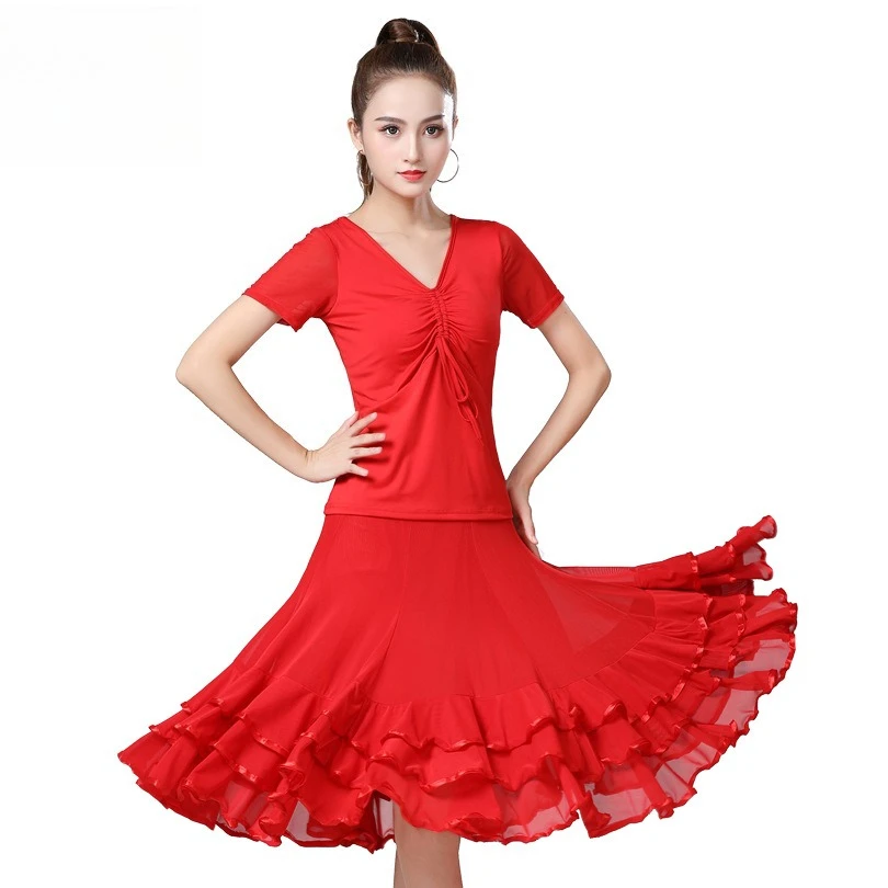 Roupa de Dança de Salão Feminina, Top de Manga Curta com Decote em V, Saia Curta com Camadas de Renda, Traje de Prática e Performance, Multicolorido Opcional