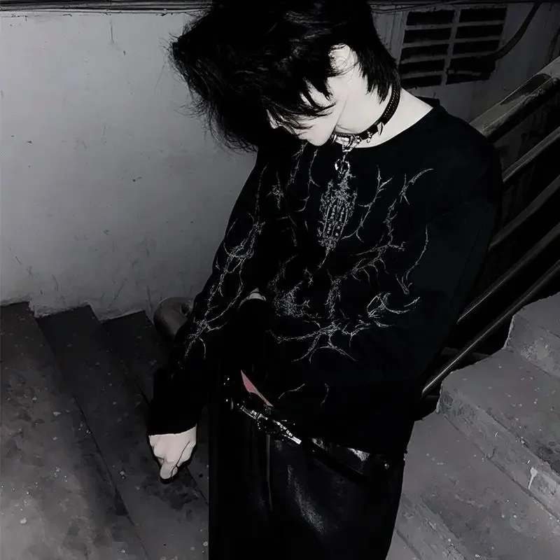 

2025 Early Autumn New Black T-shirts Street Punk Print Long Sleeve Top for Women Y2k O-neck Loose Bottoming Tee Shirt