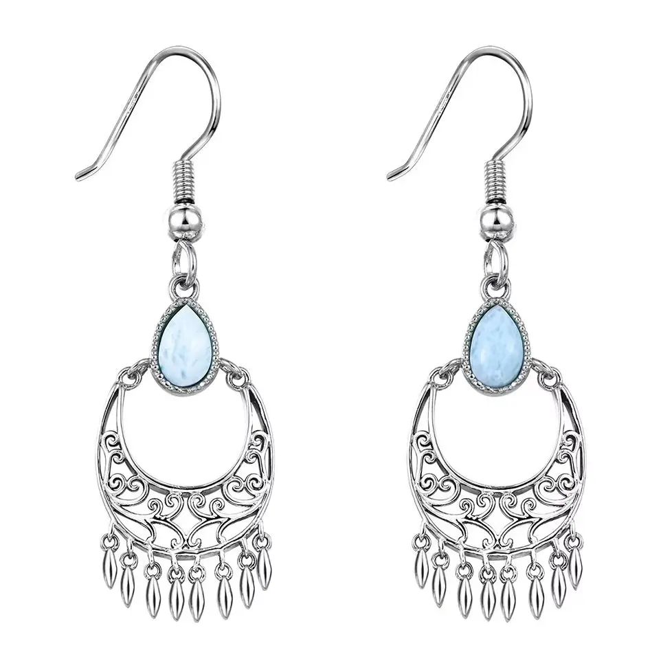 

​Stylish Hollowed Fringe Dangle Earrings: Light Blue Larimar Stone on Copper-Rhodium Plated Base, Fashionable Boho Accessory