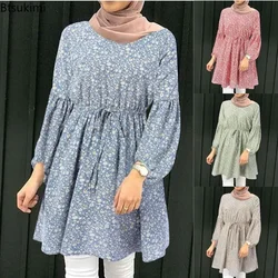2026 Muslim Fashion Long-sleeved Casual Blouse Women's O-neck Floral Print Elegant Lace-up Tops Women Islamic Clothes Mini Dress