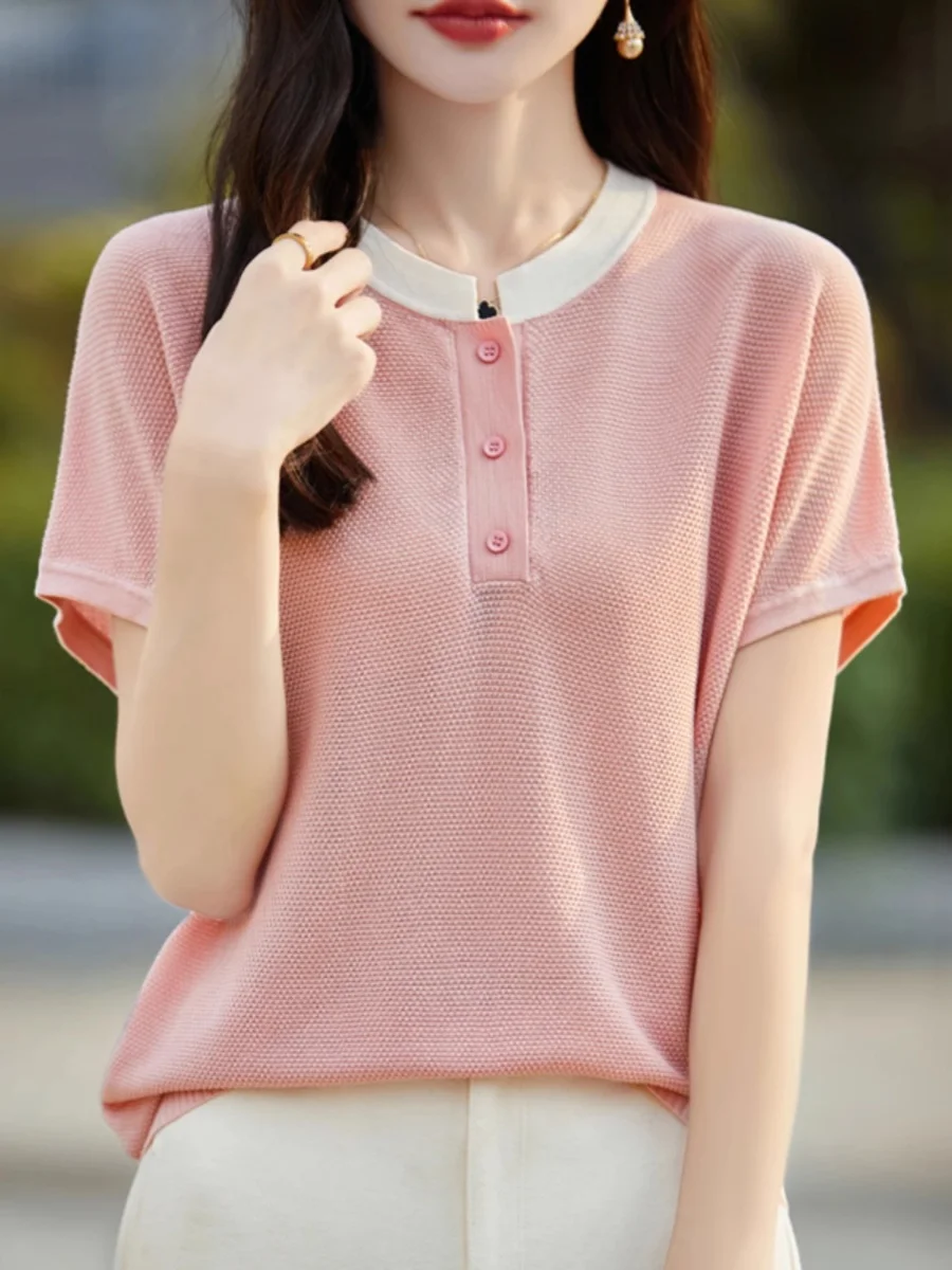 Lose Fit Short Sleeve T-Shirt Women's round Neck Splicing Color Knitted Woolen Top Silk Blend Summer Casual Wear