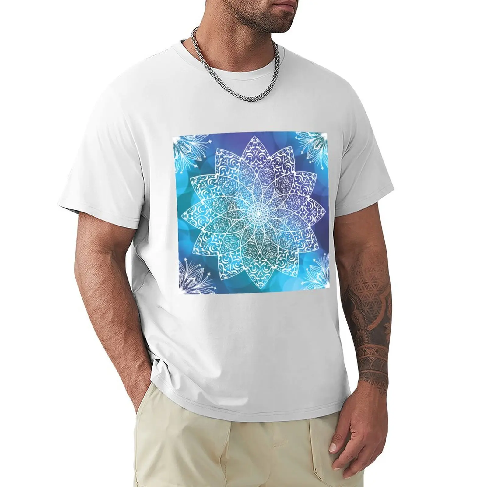 Mandala, Magic, Pattern, Flower, Nature, Spring, Blue, White, Cute pattern T-Shirt graphics sports fans t shirt men