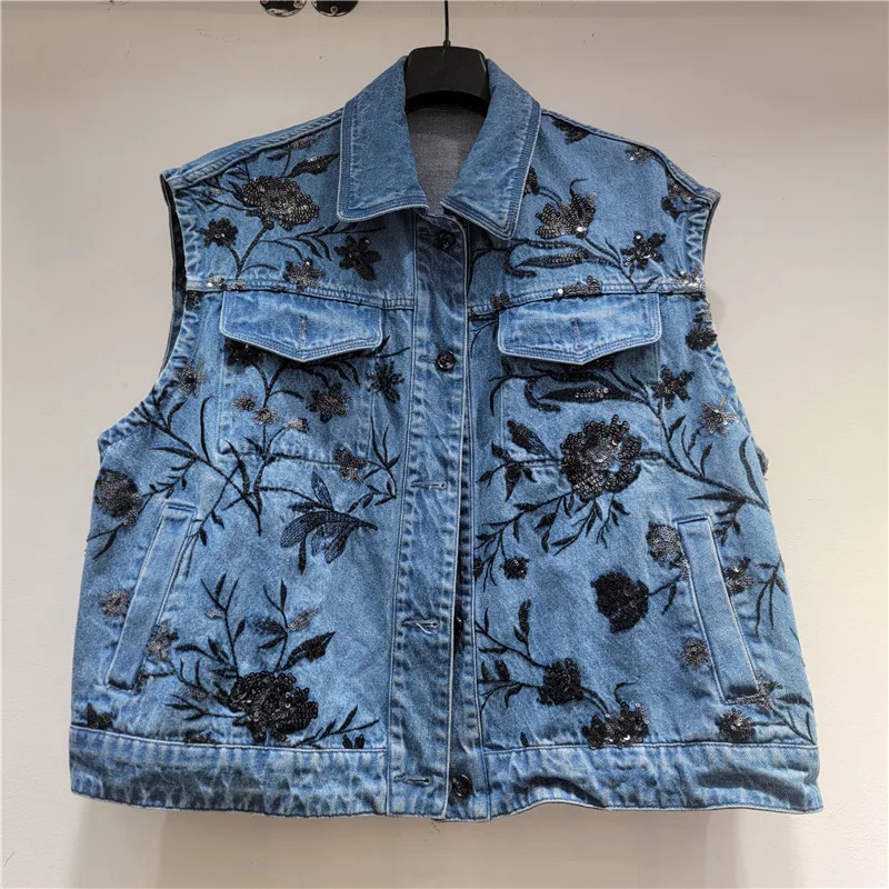 

Spring Autumn Fashion Sequins Flower Women Washed Blue Short Denim Vest Loose Lapel Single-Breasted Sleeveless Cowboy Waistcoat