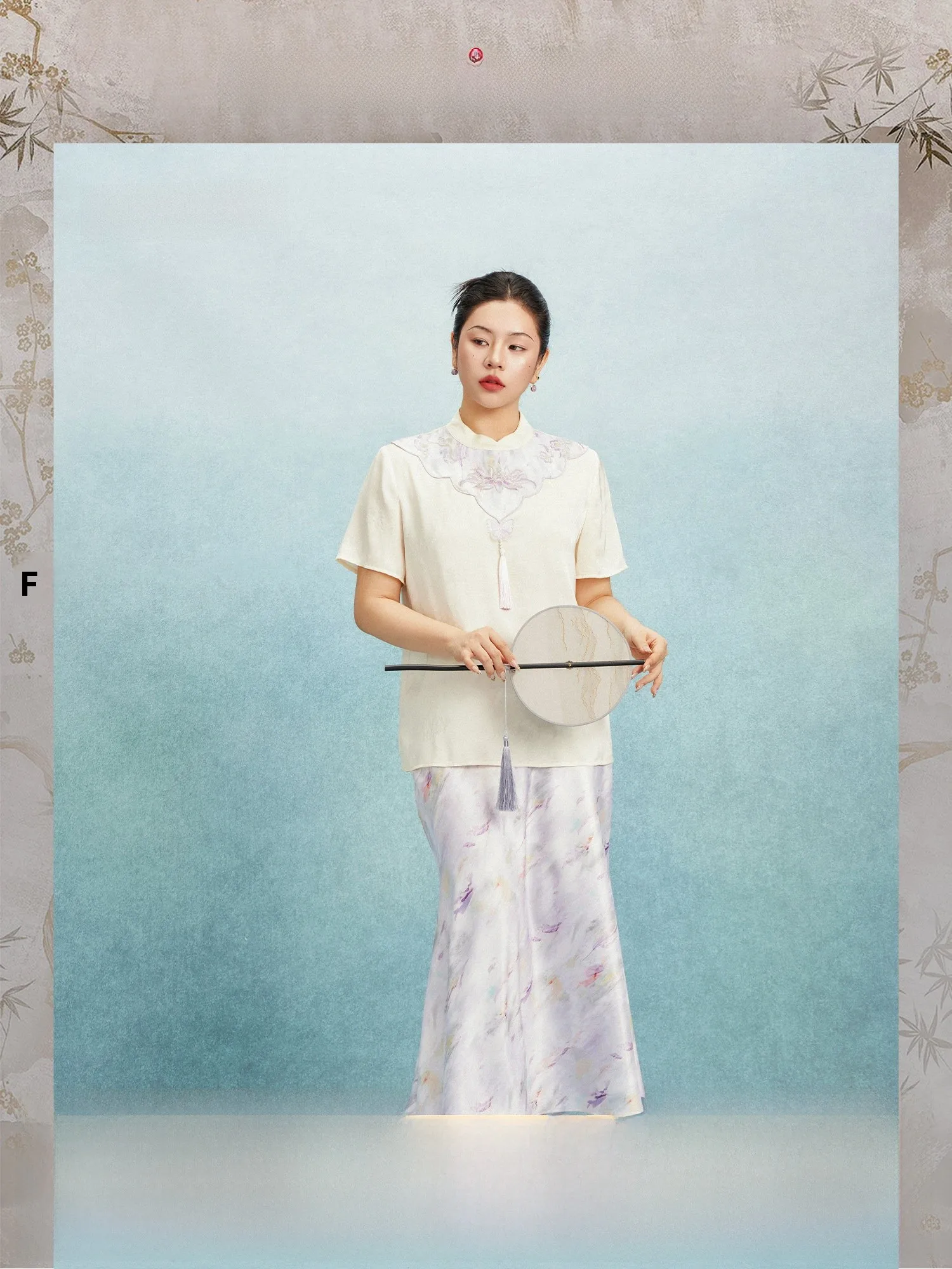 

PLUSMALL Purple Dew Fragrance New Chinese Style Patchwork Embroidered Tassel Short Sleeve Satin Print Halfling Skirt