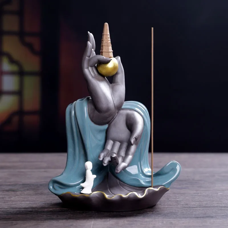 

Zen The Little Monk Buddha 's Hand Ceramic Waterfall Incense Backflow Cones Censer Decoration