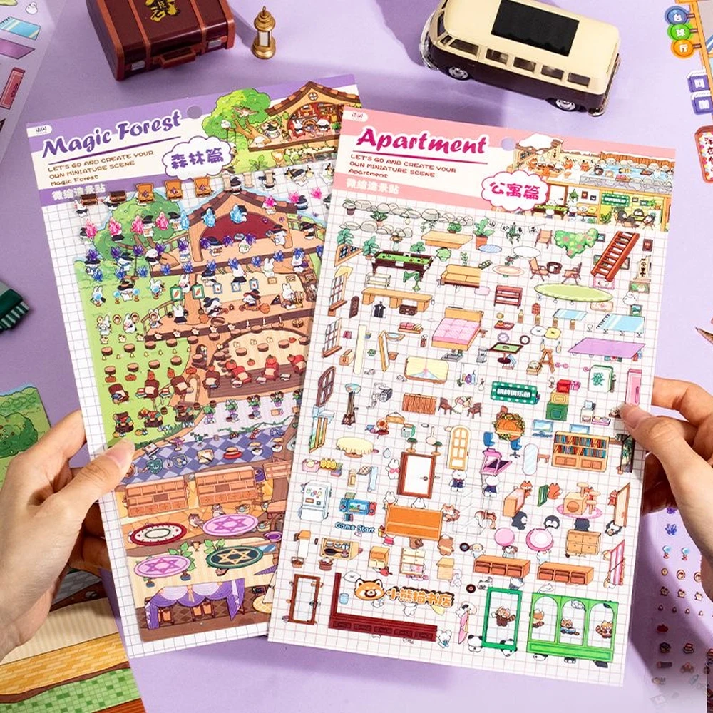 Nuevo 2025 de talla grande 3D bosque paisaje casa pegatina diversión Diy 2.5d cabina escena pegatinas bolsillo Festival regalo para niña chico