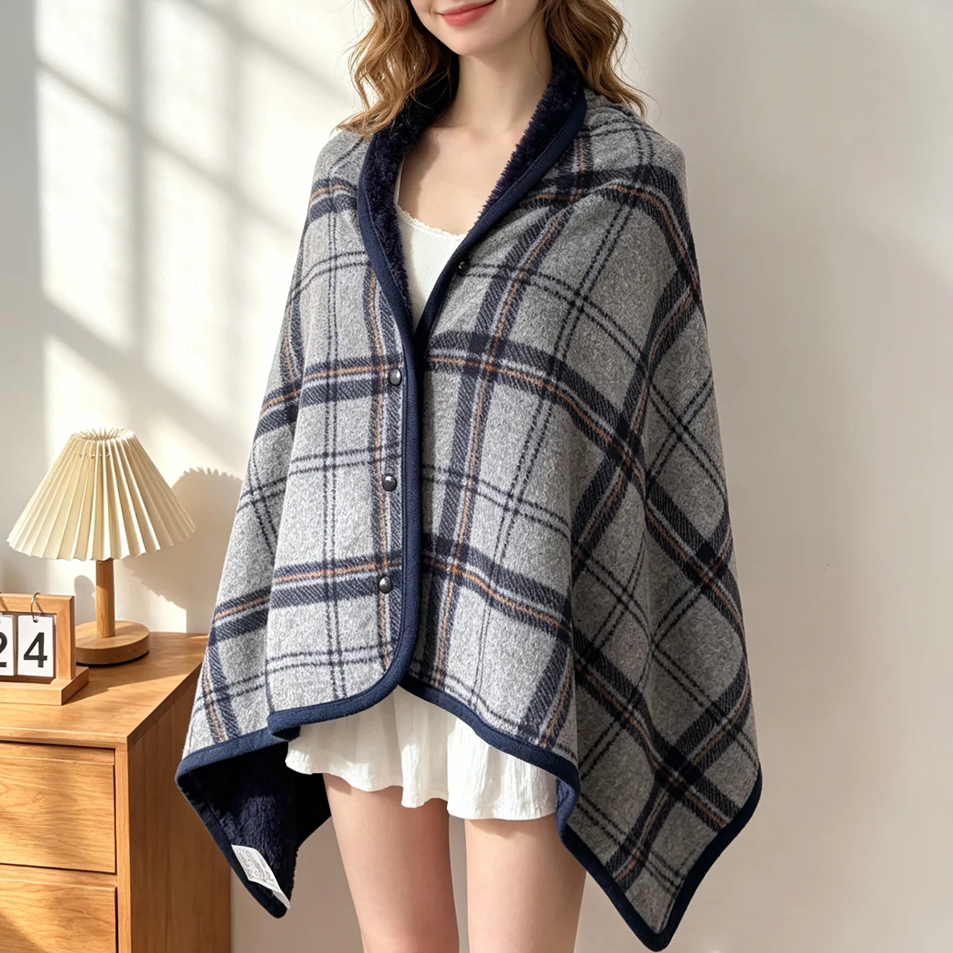 Women Plaid Flannel Shawl Blanket 2 in 1 Multi-use Office Warm Cloak Autumn Winter Thick Wearable Nap Throw Blanket Outdoor Wrap