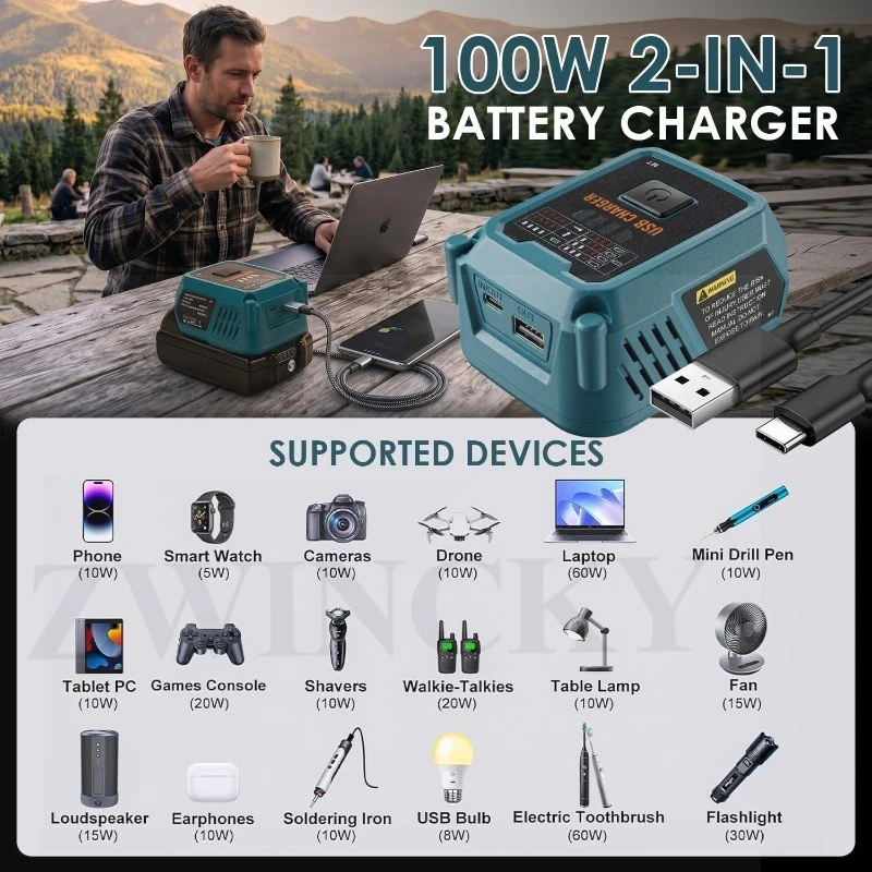 2-IN-1 Adapter Charger for Makita/Milwaukee/Dewal/Bosch/Ryobi 18V Battery with Type-C Port and USB Port Reverse USB Converter
