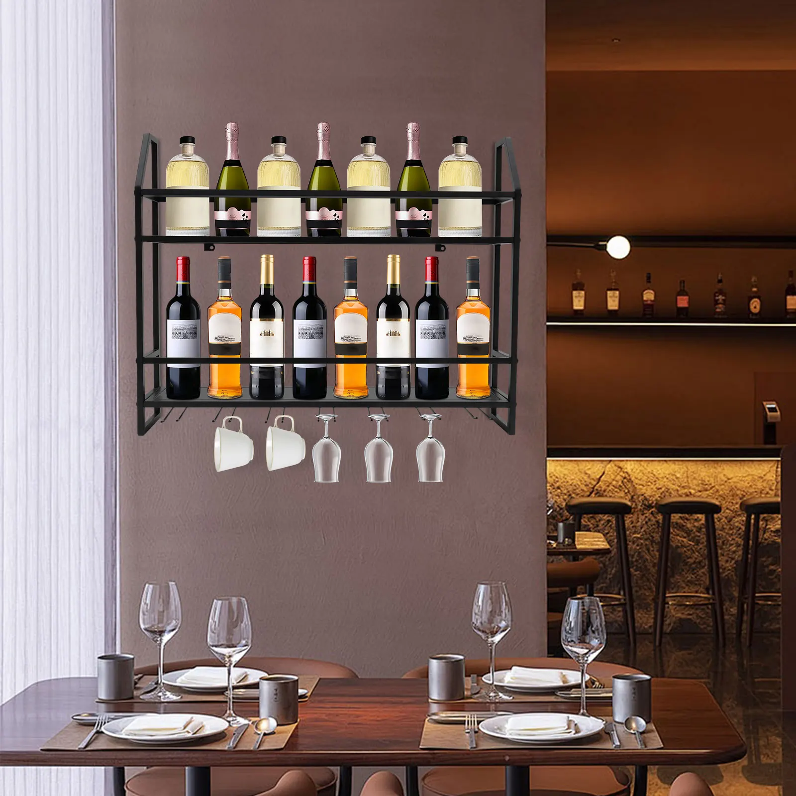 

Домашняя винная полка на 20 бутылок, настенный винный шкаф с 7 крючками для очков, металлическая винная полка для бара, ресторана