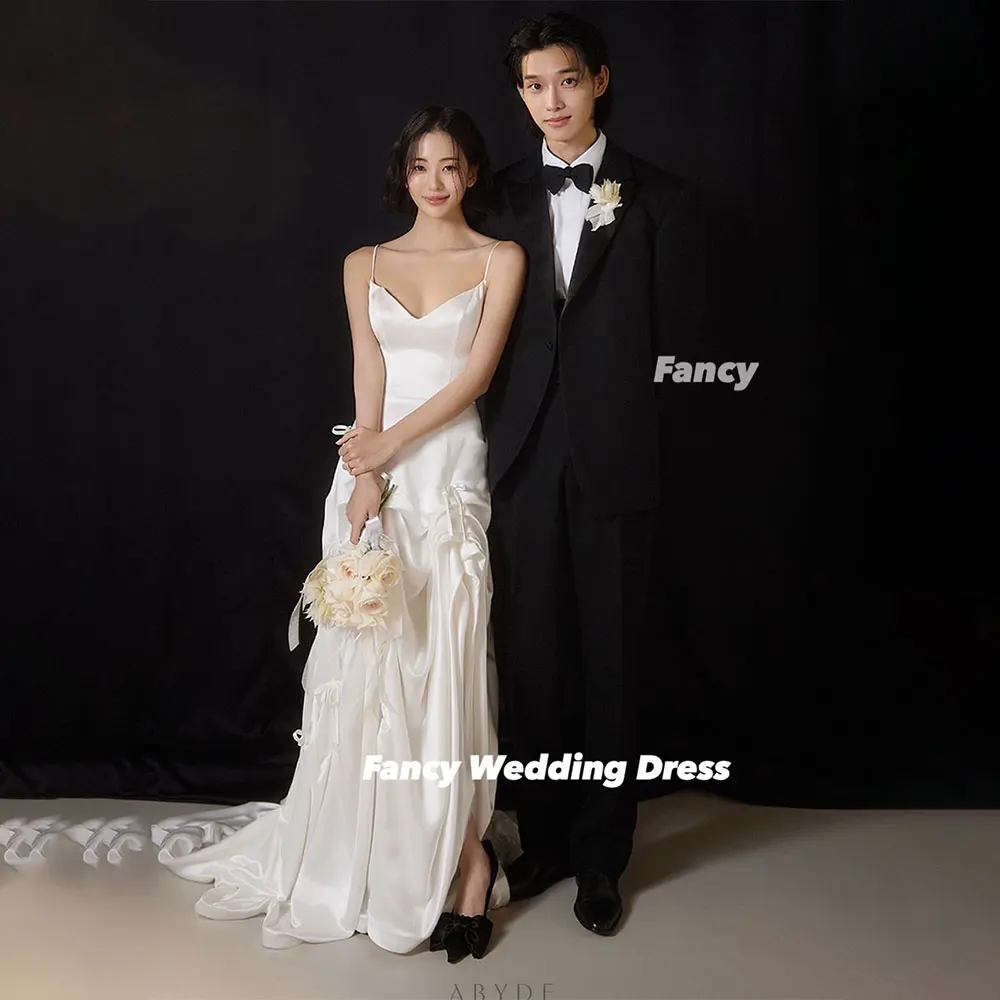 Fancy Simple Korea A Line Wedding Dress Photoshoot Spaghetti Straps Soft Satin Bridal Gown Short Sleeve Evening Dress Customized
