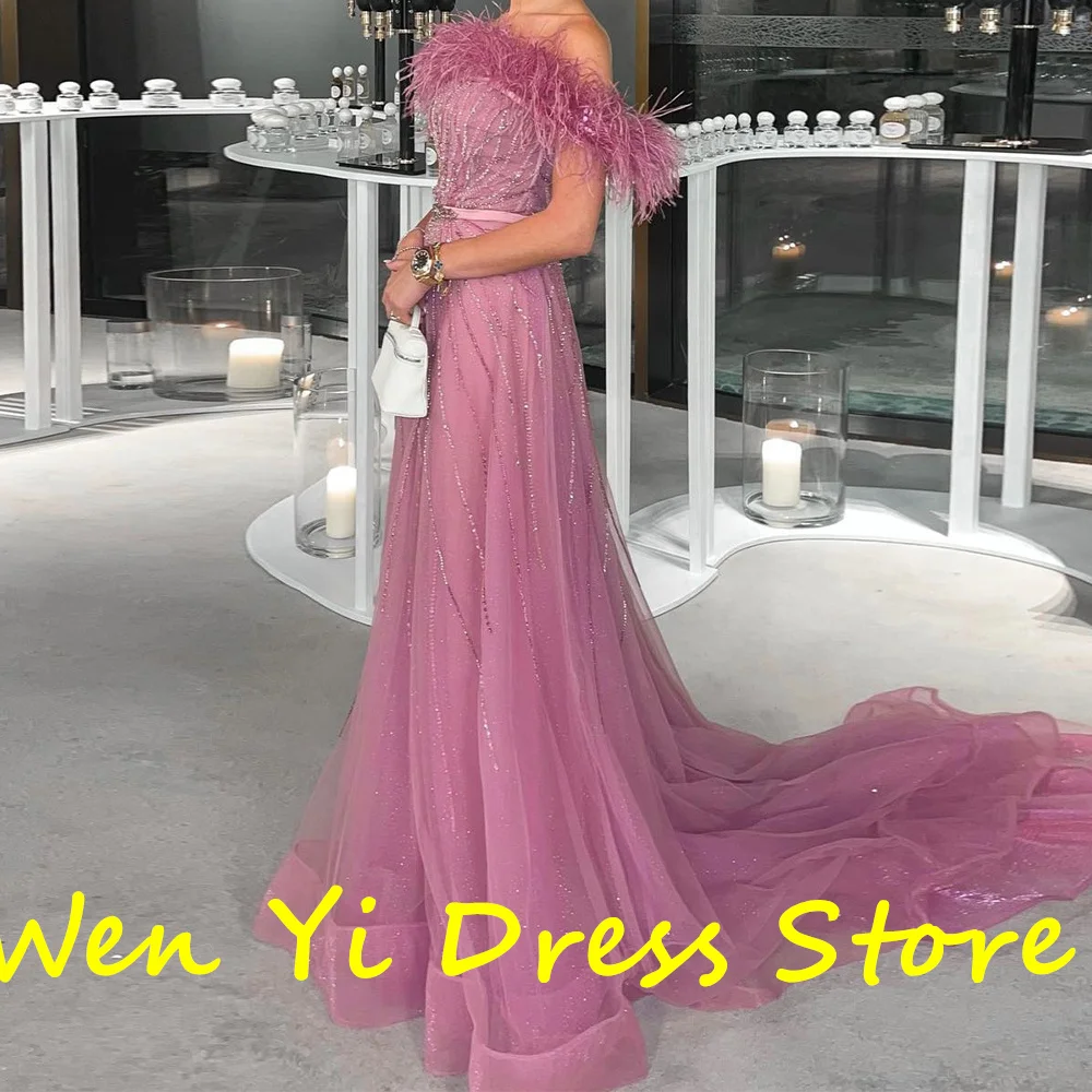 Off the Shoulder Short Sleeves Organza Floor Length Pleats Court Train Classic Celebrity Dress Feathers Crystal Party Gowns 2024