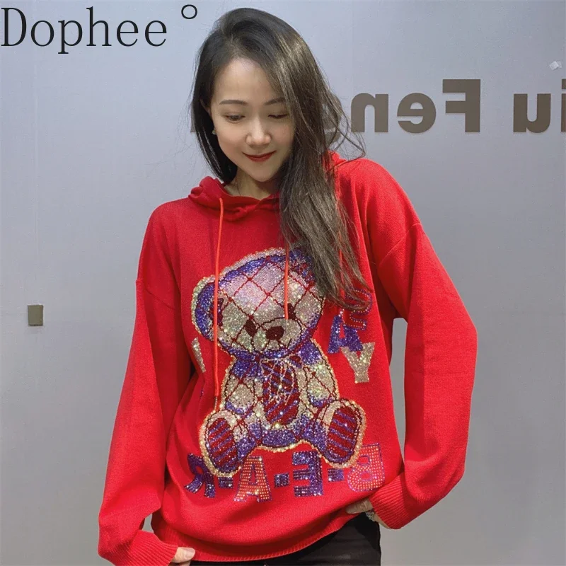 Knitting Hooded Pullover Top 2024 New Autumn Winter Loose Long Sleeve Sweater Top Cute Bear Hot Drilling Casual Women Hoodie