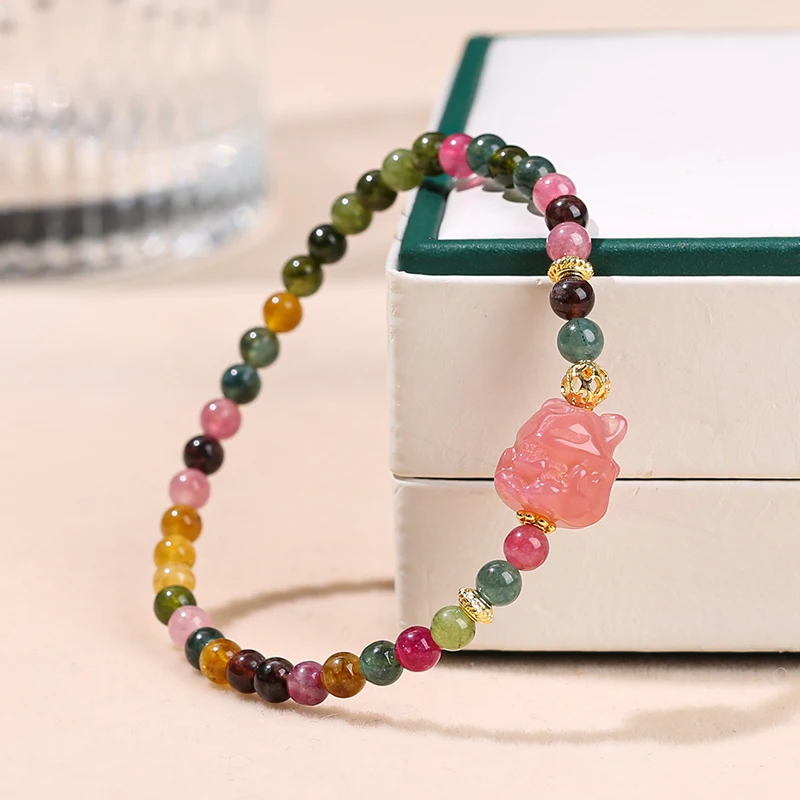 JD Luxury 4mm Tourmaline Color Chalcedony Agate Carved Nine-Tail Fox Charm Bracelet Women Fashion Design Thin Bangles Jewelry