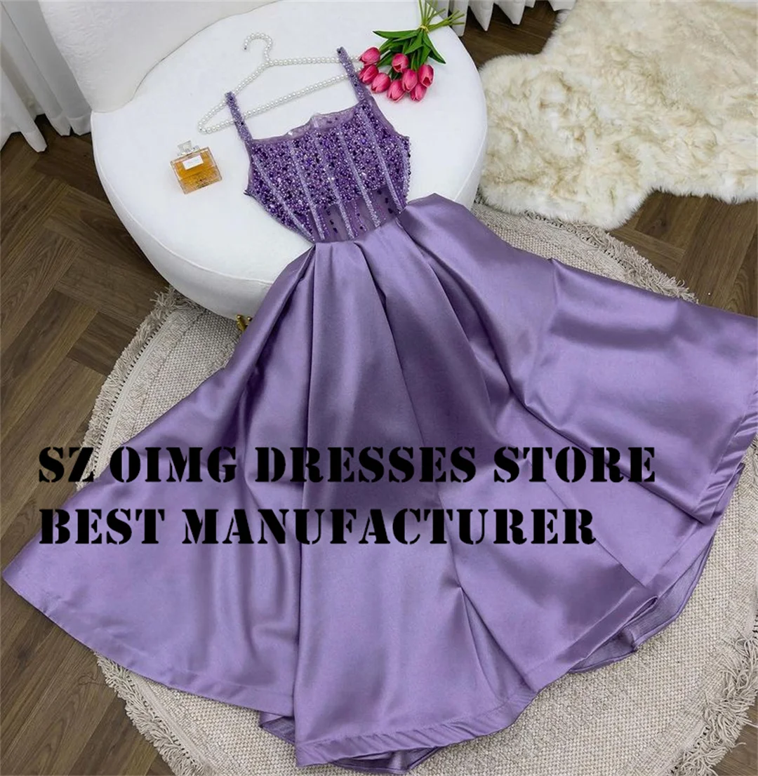 OIMG Elegant Spaghetti Straps Prom Dresses Sleeveless Purple Beading Backless Satin Women Evening Gowns Formal Party Dress