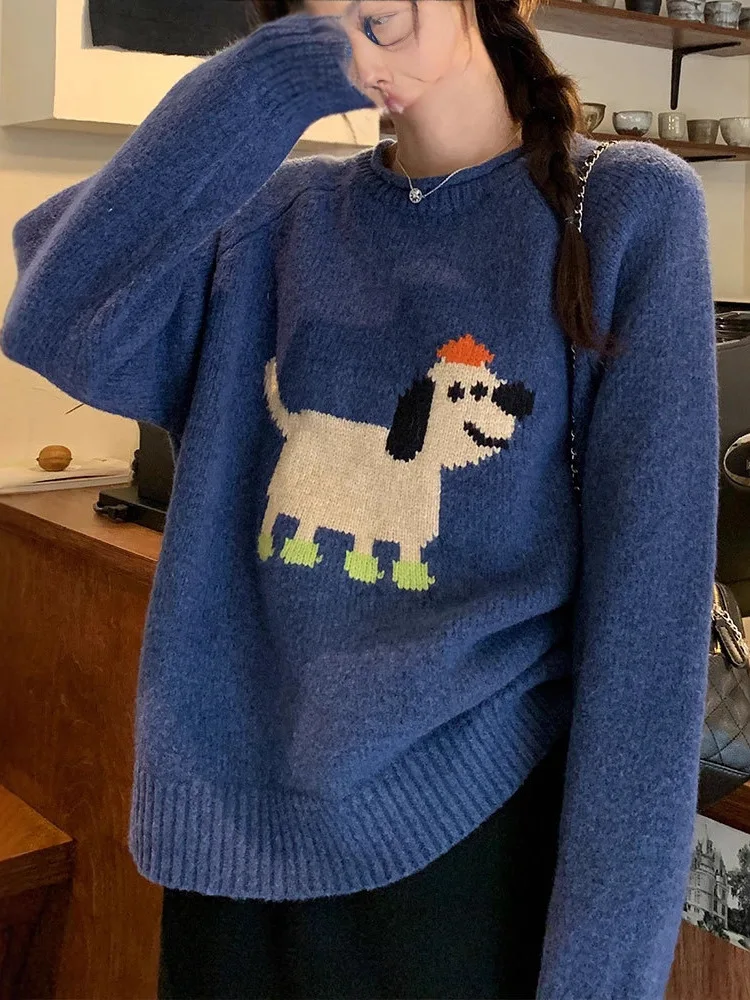 

Chic Knitted Sweater with Cute Dog Pattern Casual round Neck Pullover High Quality Soft Fabric for Women Autumn Season