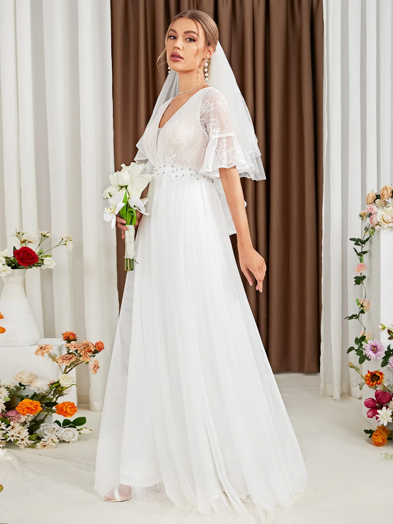 UNITHORSE Vestido de novia blanco con paneles de encaje, falda para dama de honor, elegante vestido de tul para la parte superior del cuerpo de UNITHORSE