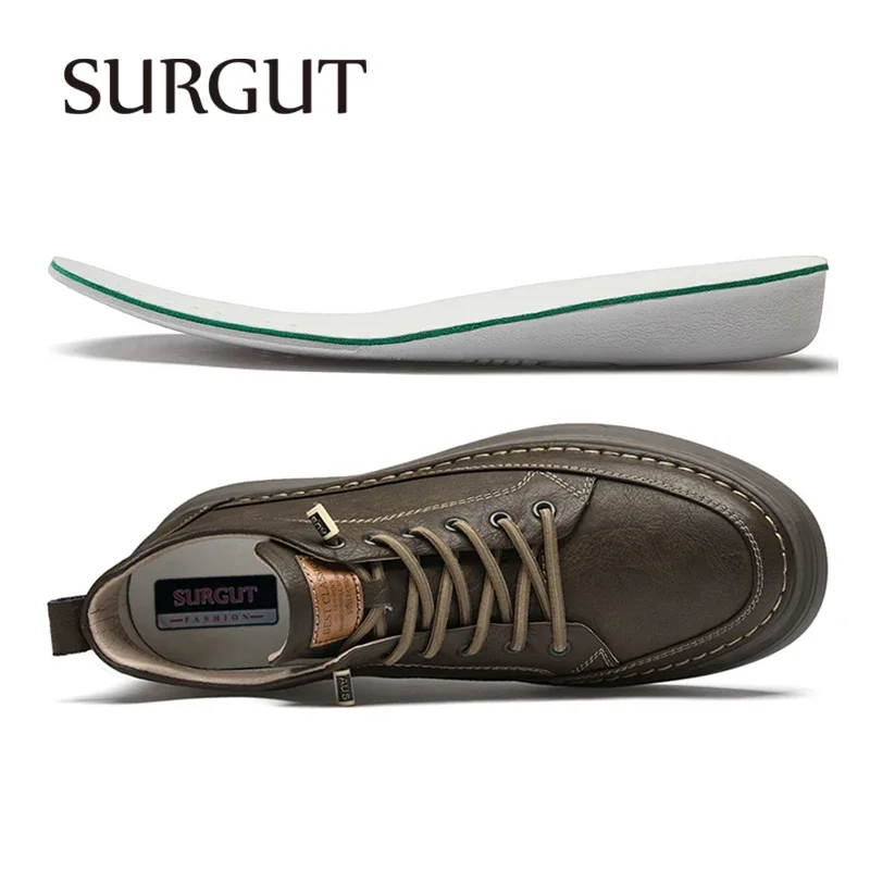 SURGUT Men Casual Shoes Split Leather Retro Board Height Increase 6cm Anti-Skid Elasticity Comfortable Shoes Size 36-47