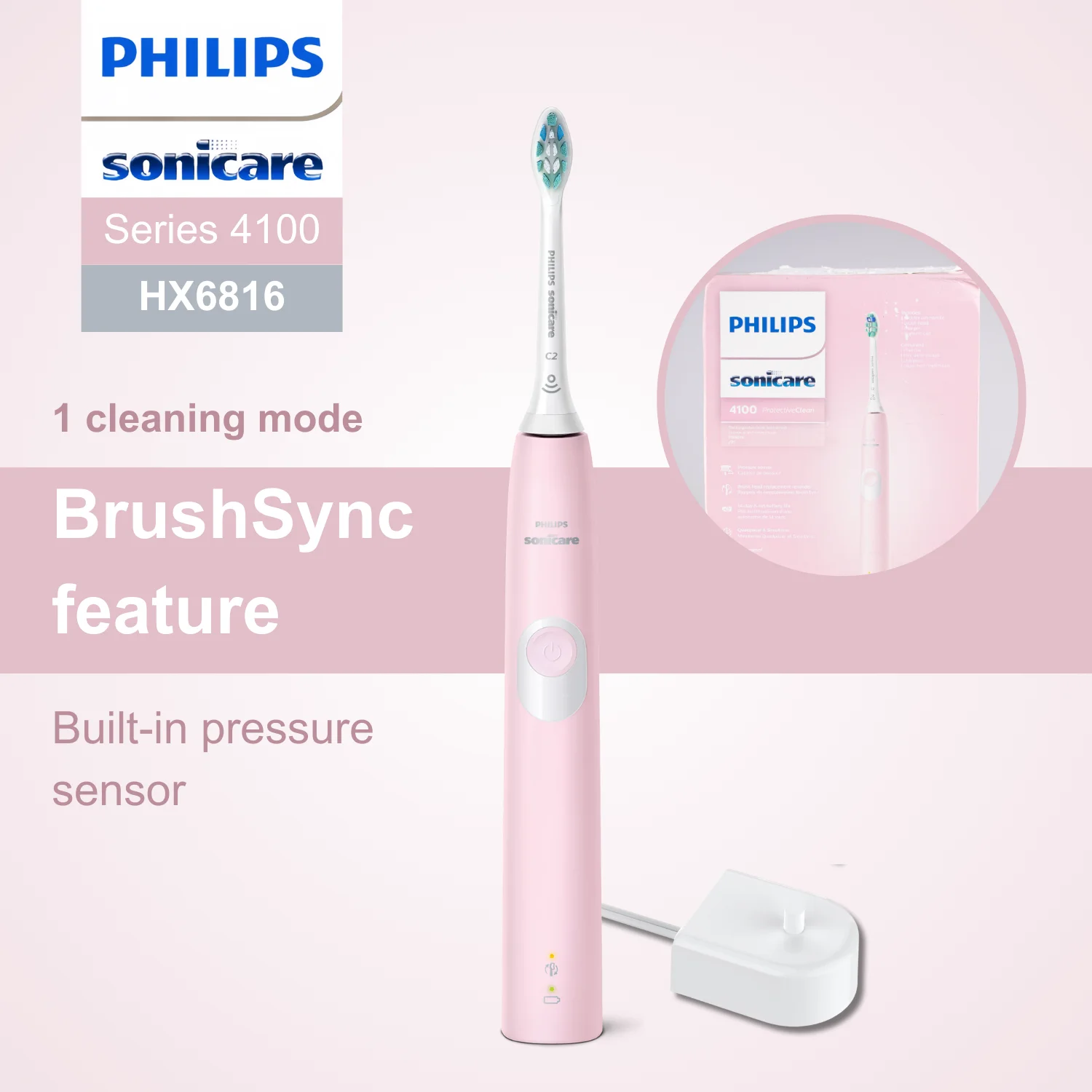 

Электрическая зубная щетка Philips Sonicare Series 4100 HX6816, BrushSync Feature, для влажного и сухого использования, 1 насадка для зубной щетки, удаление налета