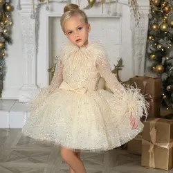 Jill Wish Luxury Gold Girl Dress Feathers Sequined Dubai Kids Wedding Birthday Communion Party Gowns vestido de 2025 J320