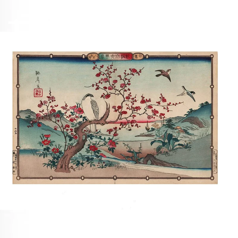 Utsushi Rinsai – Hawk and Red Plum, Art Print Canvas Poster, Living Room Decor