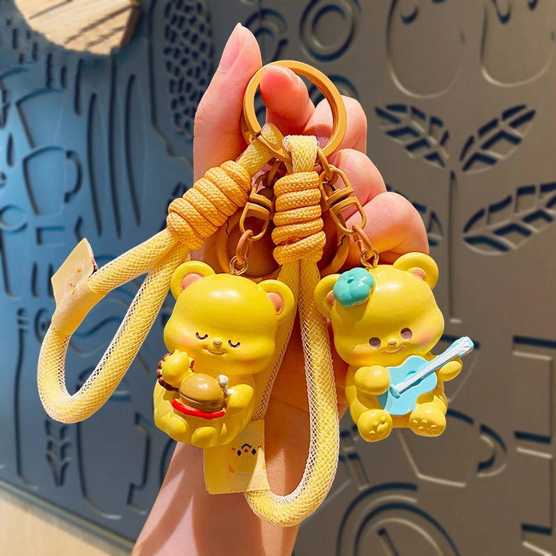 Cute Ice Cream Play Guitar Cream Bear Resin Keychain Pendant Cartoon Drinking Coffee Reading Butter Bear Doll Key Chain Bag Gift