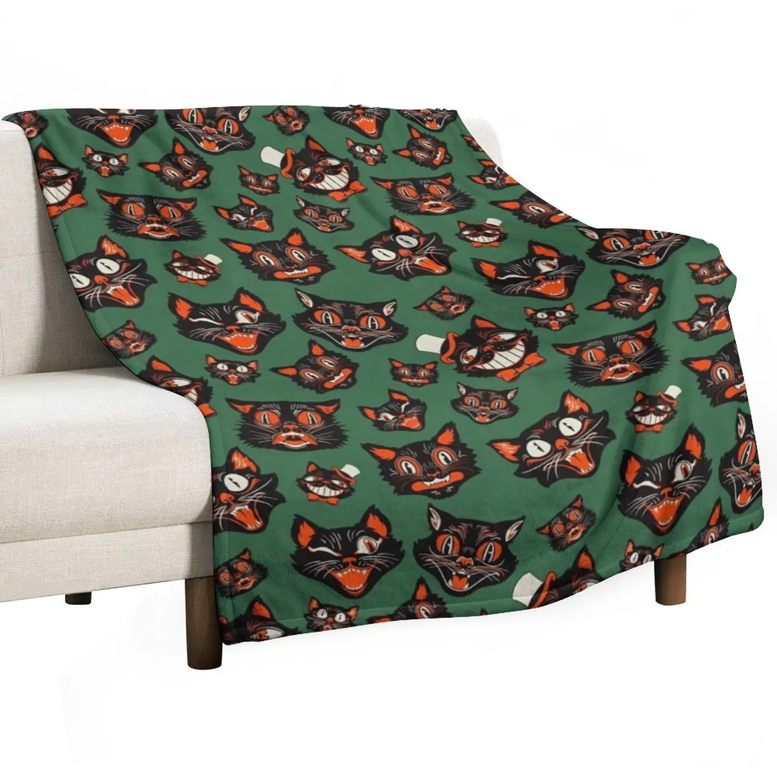 

Retro Vintage Halloween Black Cat Faces Pattern - GREEN Background Throw Blanket Tourist Sofa Throw Blankets For Baby Blankets