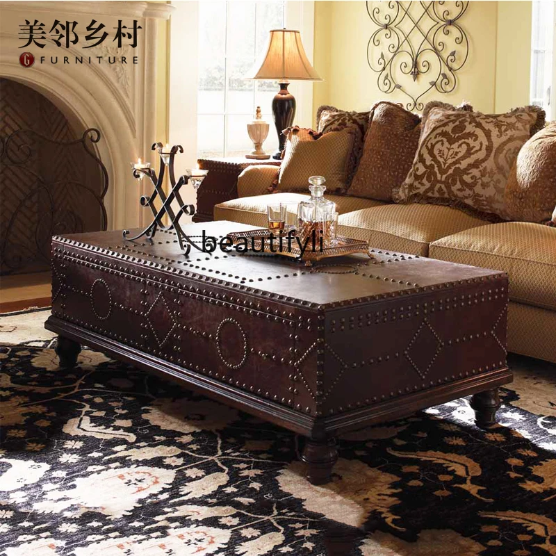 American Style All Solid Wood Nostalgic Box Type Tea Table Leather Sofa Coffee Table Corner Reception Tea Table Genuine Leather