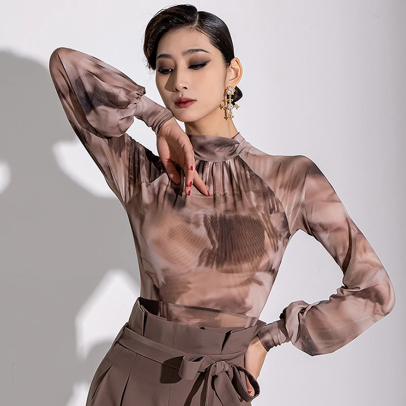 Ballroom Dance Performance Clothes Printing Bishop Sleeves Tops Women Latin Dance Clothing Rumba Waltz Dance Wear Bodysuit 12542