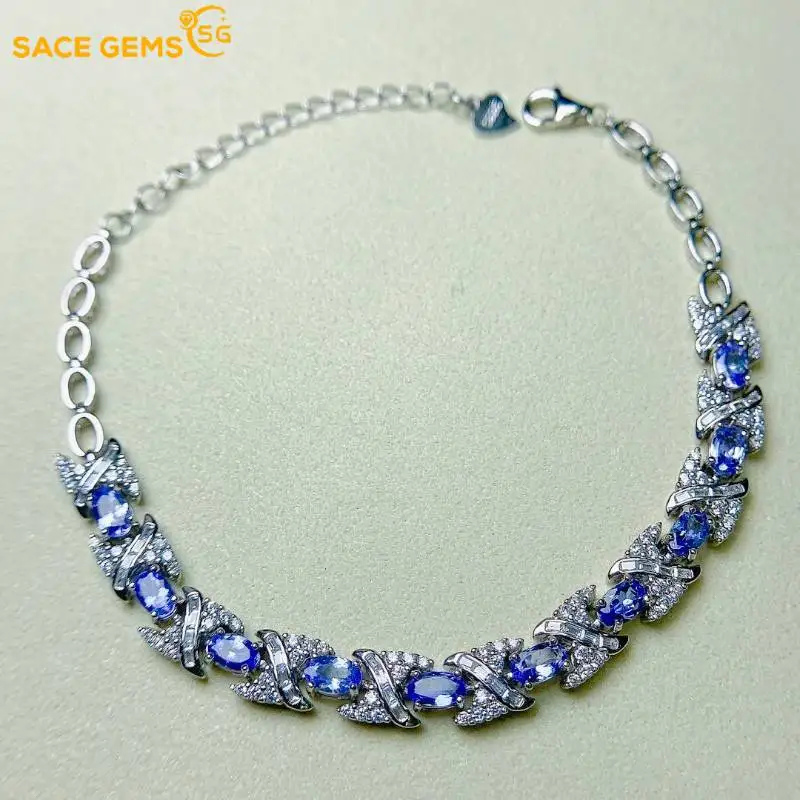 

SACE GEMS New 925 Sterling Silver 3*5MM Natural Tanzanite Gemstone Bracelrts for Women Engagement Cocktail Party Fine Jewelry