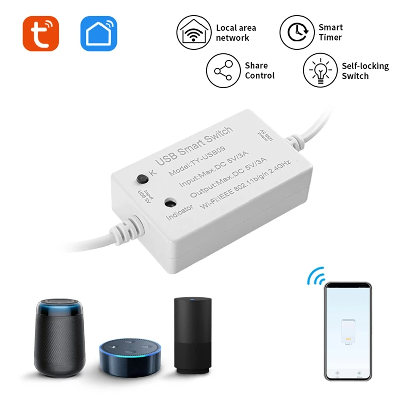 Tuya USB Smart Switch, Disjoncteur Universel, Minuterie Smart Life pour Appareils USB pour Alexa, Google Home, 1 Pc