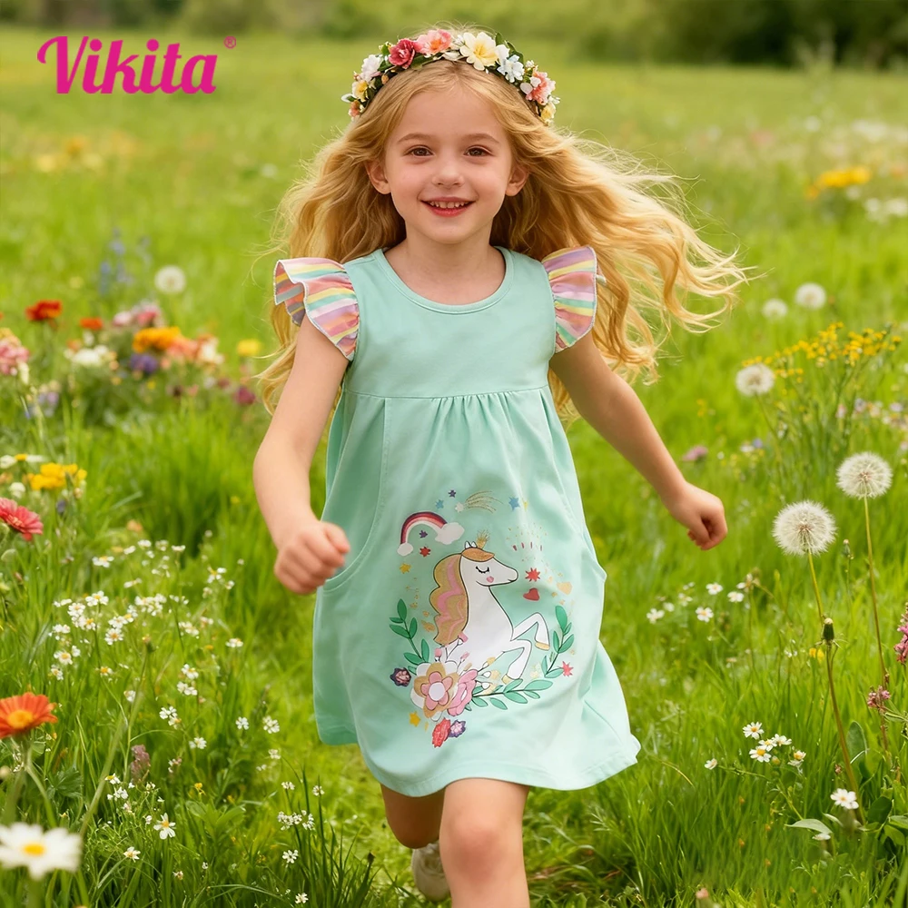 Toddlers Unicorn Flower Print Flare Sleeve Summer Dress Kids Mint Green Cotton Casual Daily Party Straight Dress Kids Clothes