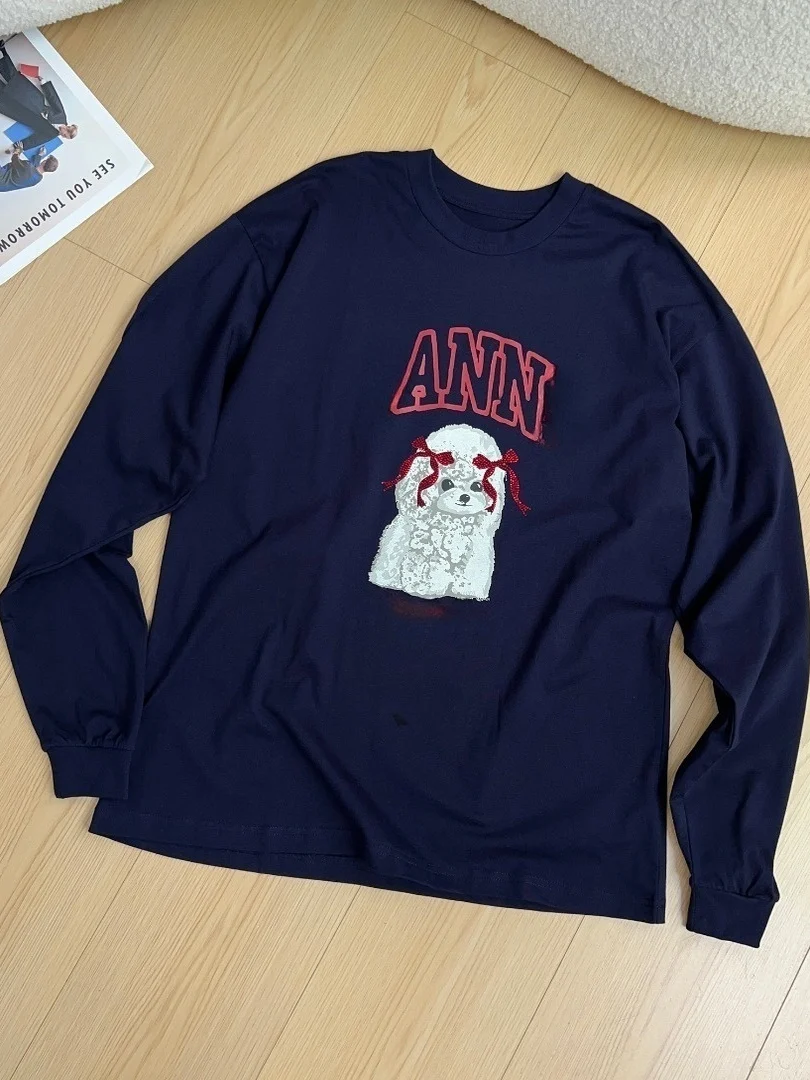 

Легкая свободная женская толстовка с длинным светом, повседневная хлопковая футболка с мультяшным принтом собаки, осенняя коллекция