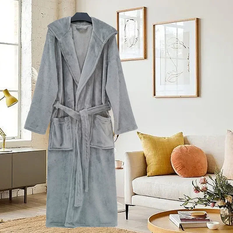 

Flannel Hooded Bathrobe Couple Home Leisure Sleep Robe New Autumn Winter Solid Color Long Home Clothes Pyjamas