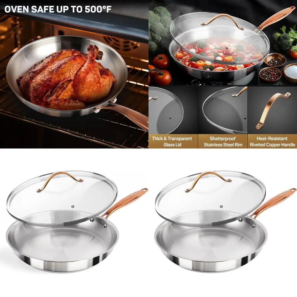 

12 Inch Triple-Layer Stainless Steel Fry Pan with Lid, All-Stove Compatible, Oven and Dishwasher Safe, Non-Stick, Even Heat Dist
