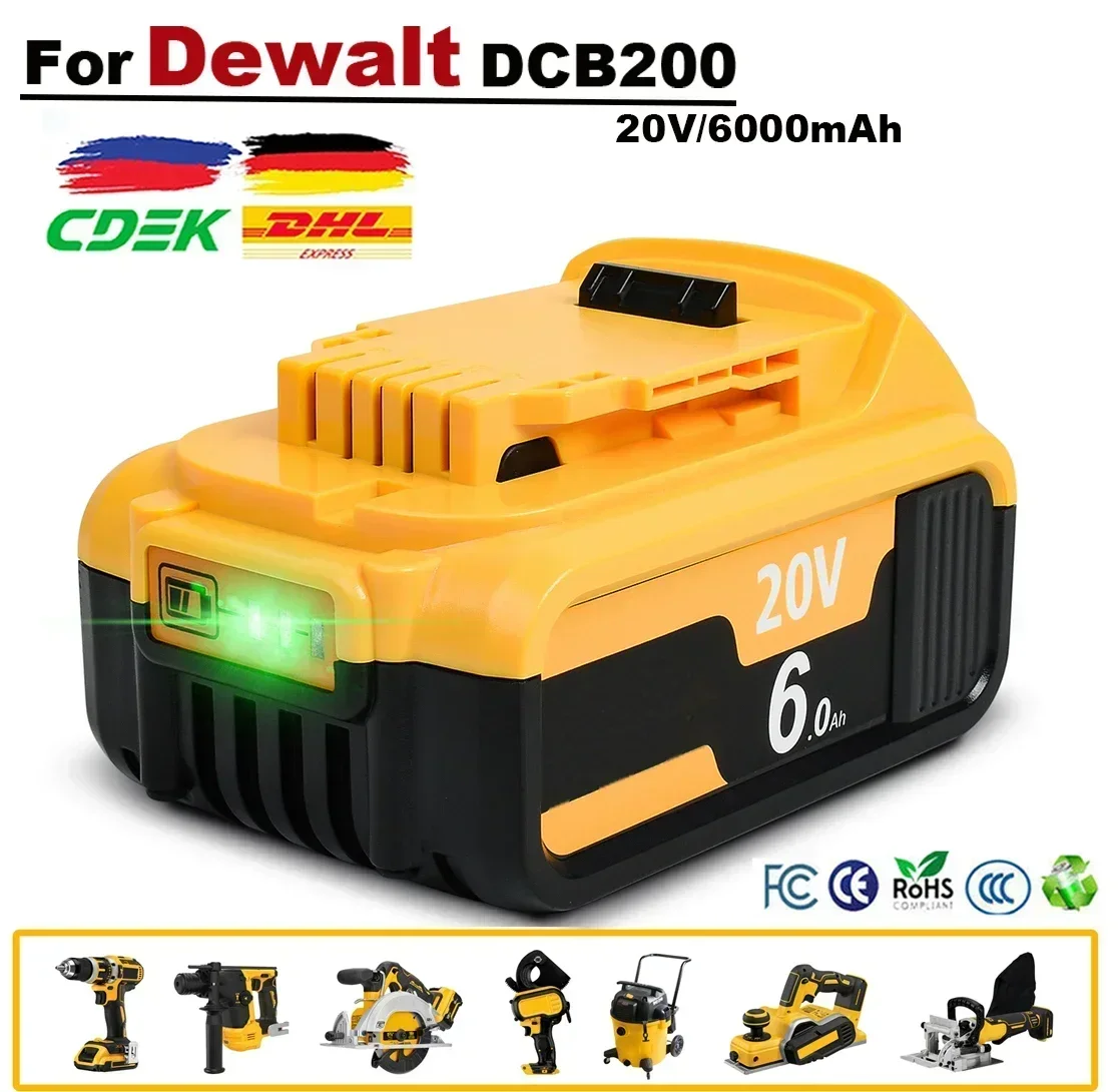 25NEW For Dewalt 20V Battery 6.0Ah Replacement Battery For Dewalt DCB200 Rechargeable DCB206 DCB207 DCB204 Power Tool Battery