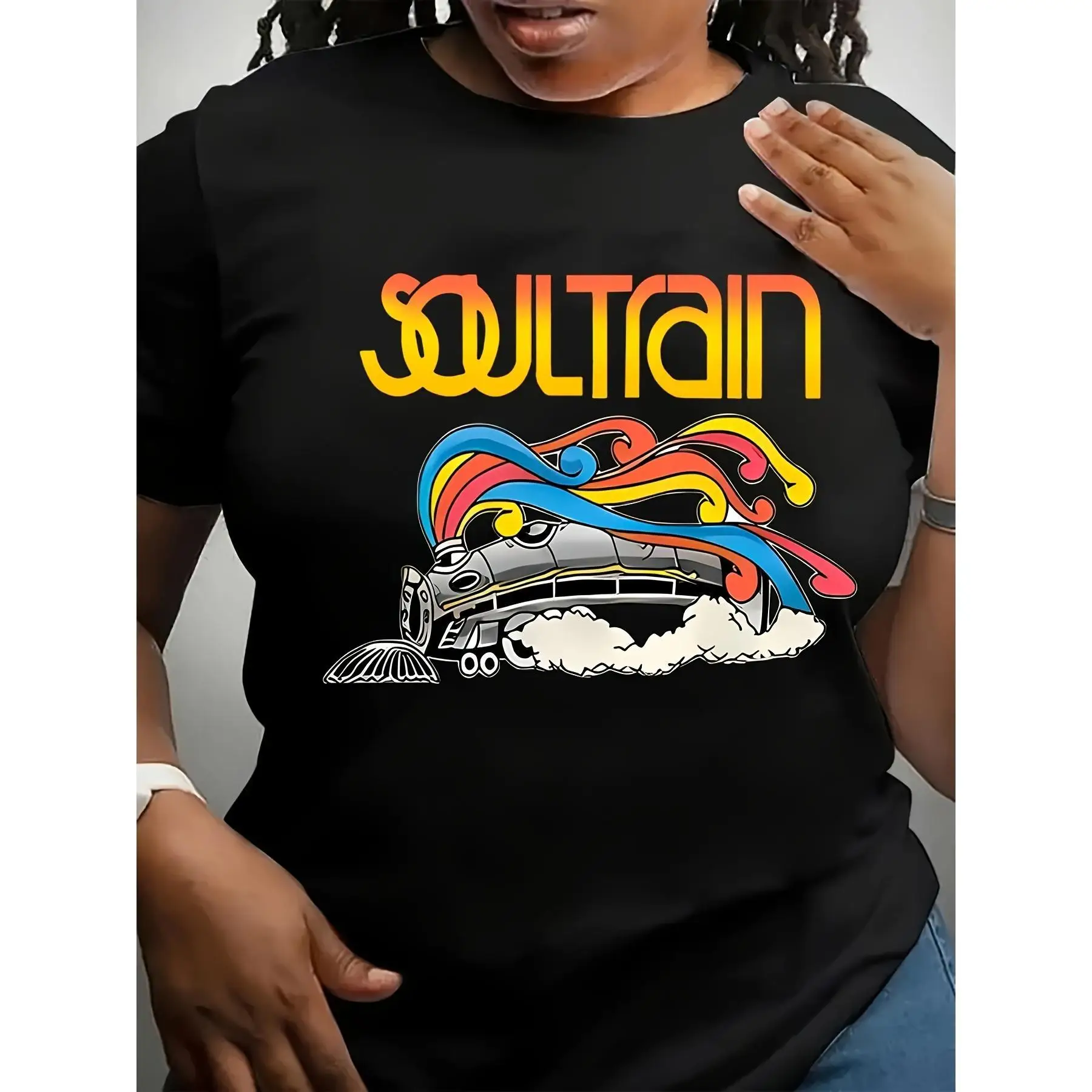 

Vibrant Soul Train Graphic Tops for Womens Funny Pattern Tees Casual Short Sleeve Cotton T Shirts