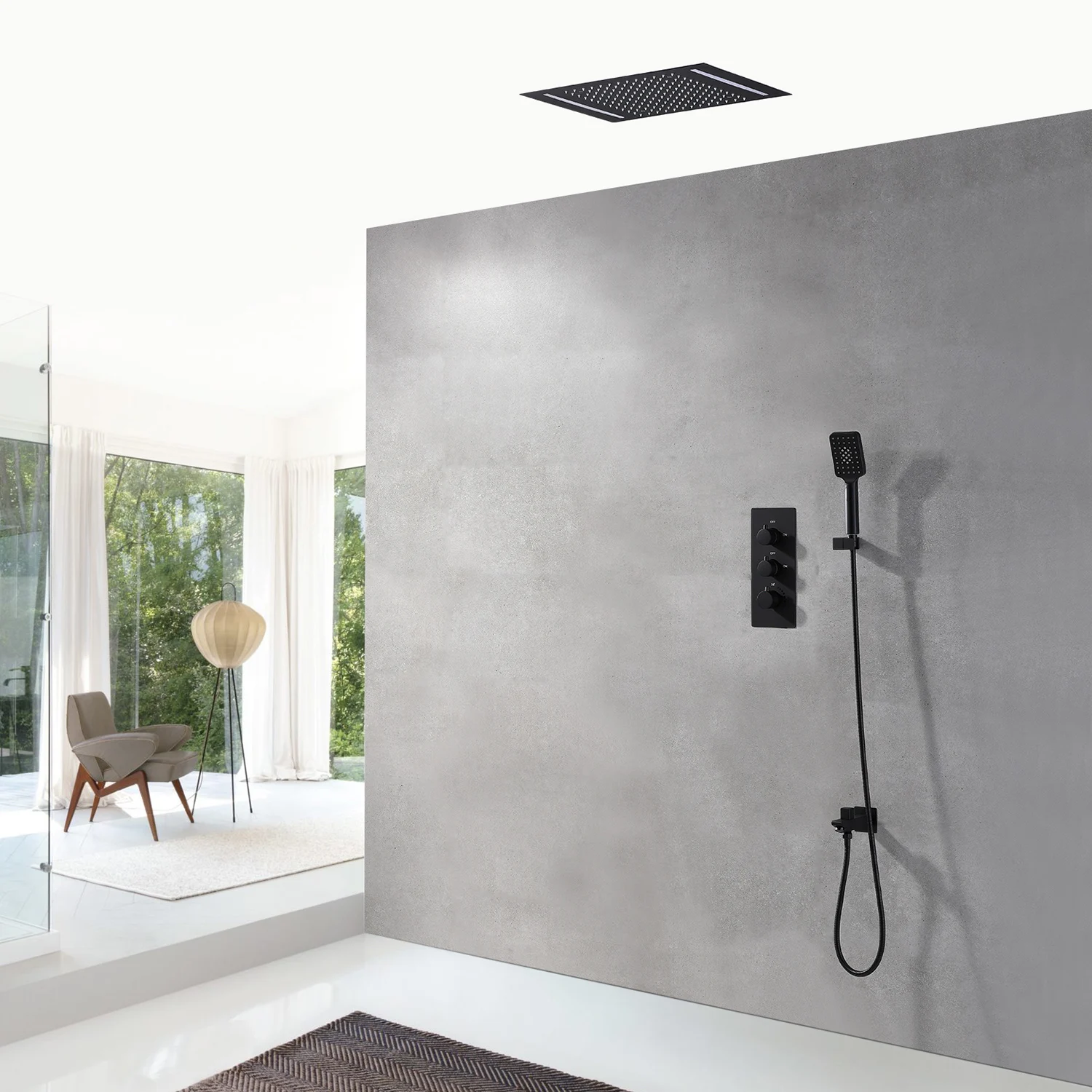 Faucets Bathroom Black Shower System Ceiling Rain Thermostatic 2 Ways Mixer 360x500mm