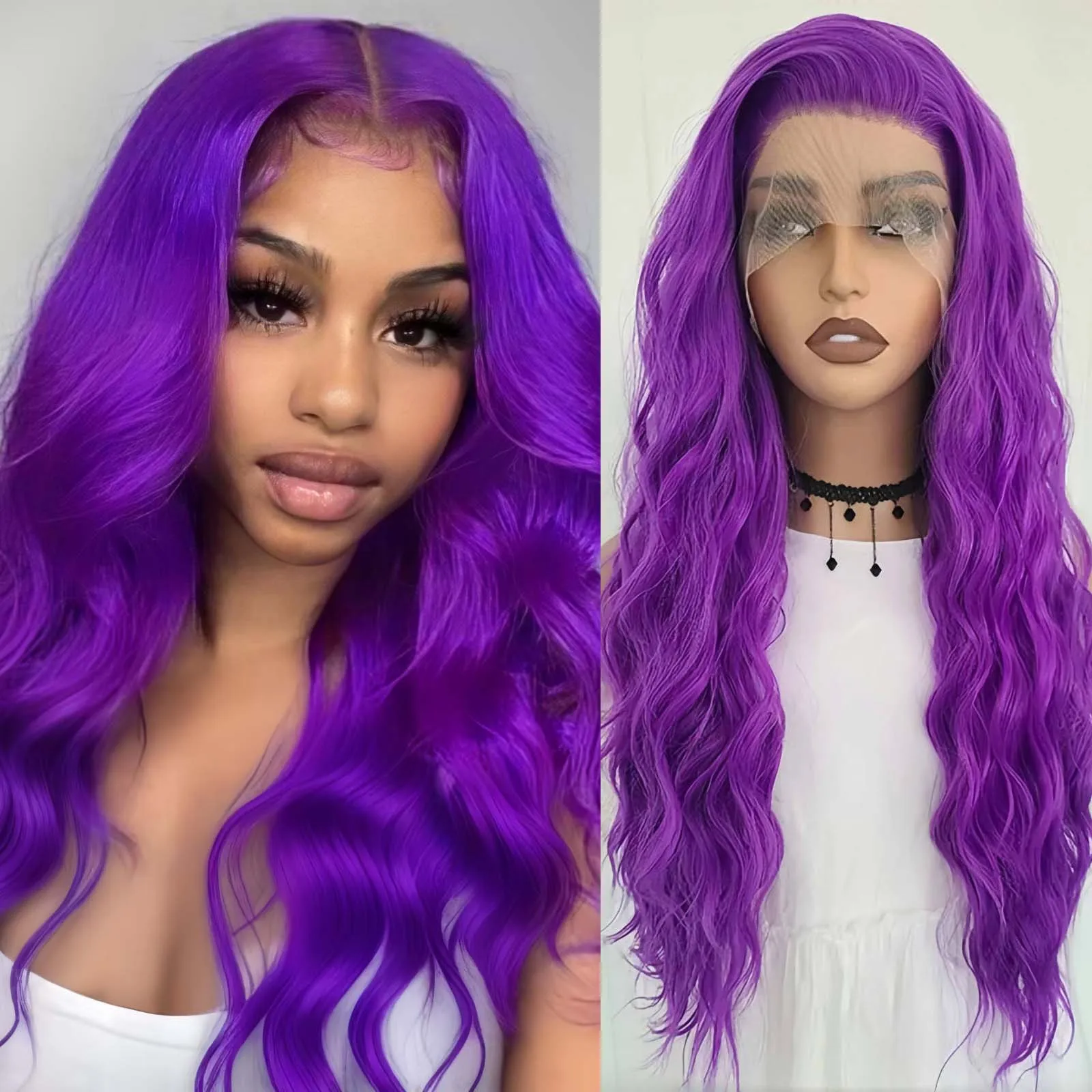 Purple Wig Deep Wave Synthetic Hair Long Curly Wavy Lace Front Wig Natural Colored Hair 13X4 Lace Frontal Wigs for Women Party