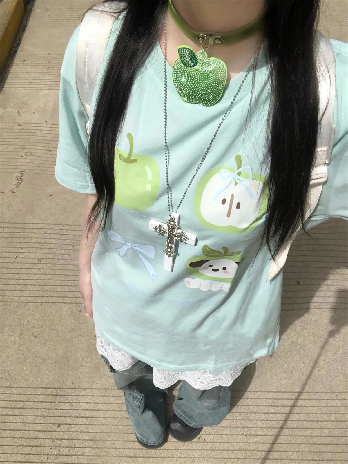 Onalippa 2025 New Korean Style Fresh Green Apple Print Round Neck Short Sleeved T-shirt Women Summer Loose Casual Top Trend