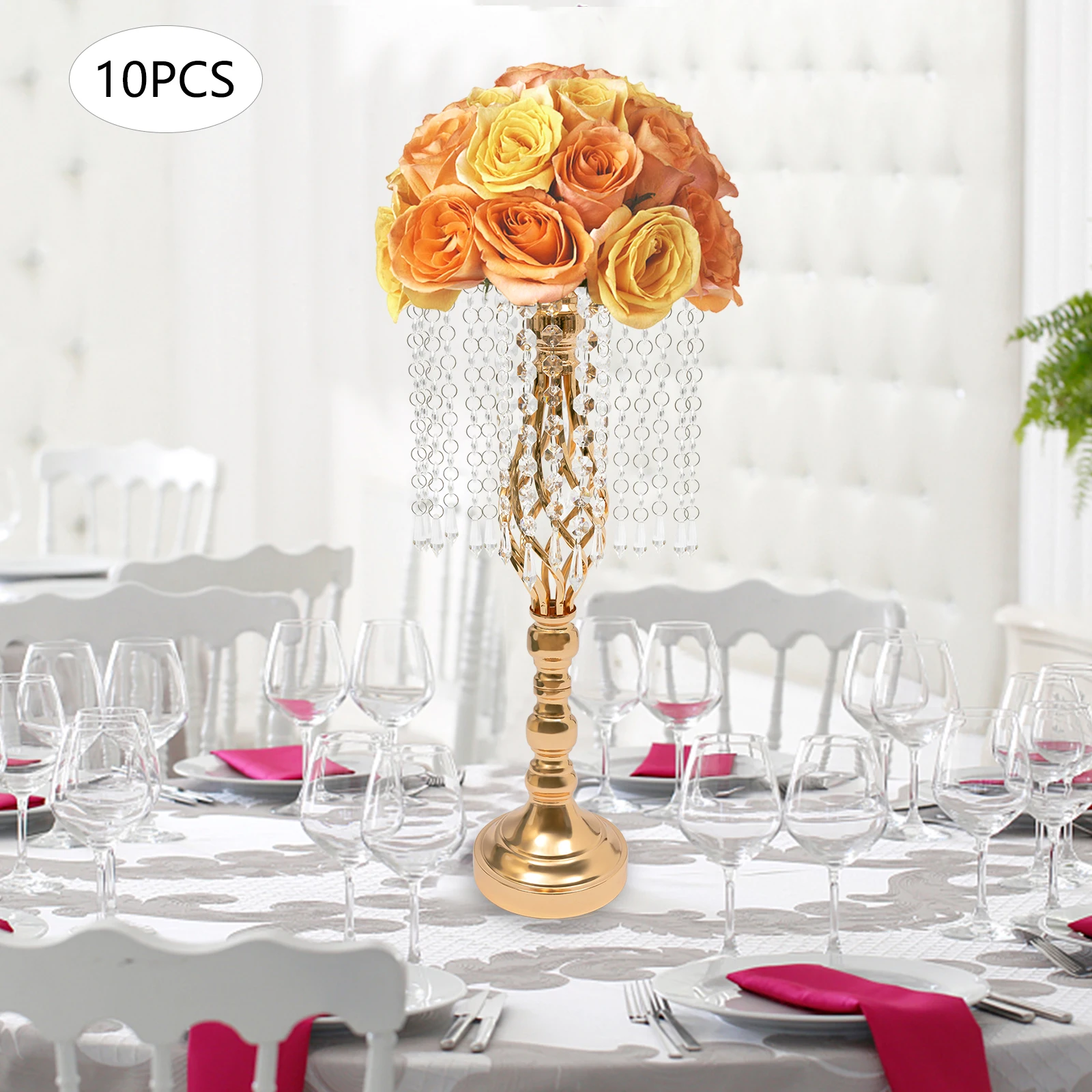 10 Pcs Tall Crystal Flower Stand Wedding Road Lead Flower Holders Centerpiece Floral Vase Silver/Gold 19.3 inches