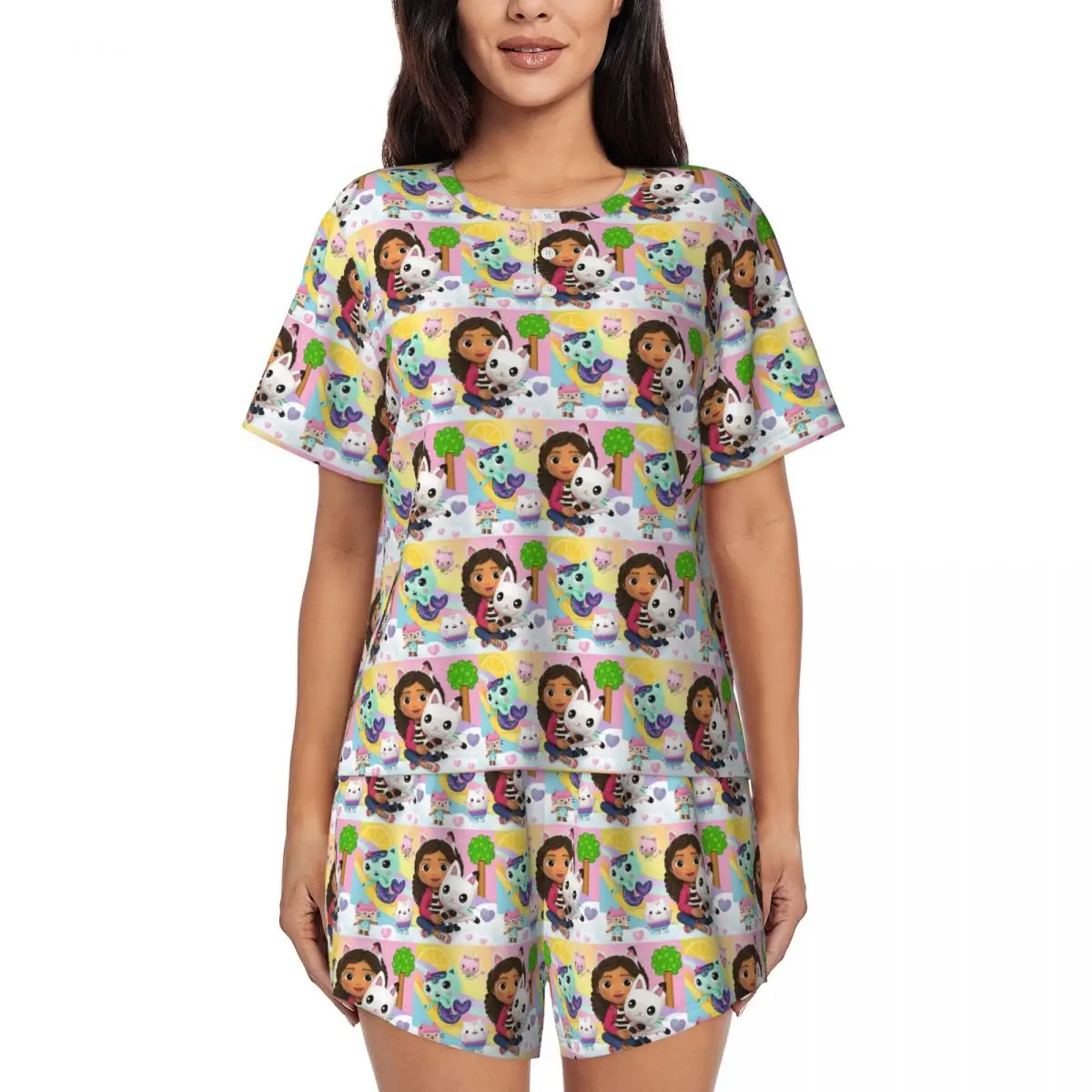 

Gabbys Dollhouse Nordic Gabby Cat Pandy Paws Round Neck Short Sleeve Nightgowns for Sleeping Women Loose Pajama Set Short Pants