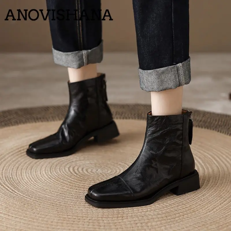 ANOVISHANA Full Genuine Leather Women's Ankle Boots Square Toe Zipper 4cm Thick Heeled Leisure Short Botas Big Size 41 42 Black