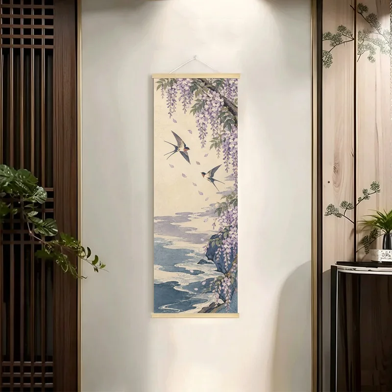 Flowers and Birds Hanging Scroll with Cascading Blossoms and Pale Petals in a Japanese Inspired Style for a Living Room
