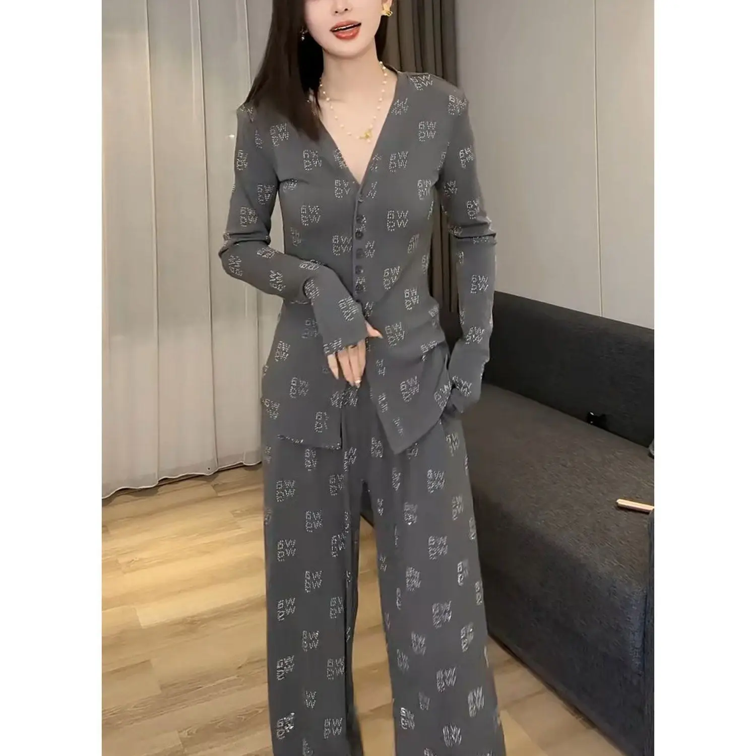 2024 Spring New Fashion Large Size Slimming Full Sky Star Hot Diamond Top Wide Leg Long Pants Casual Two Piece Set for Women