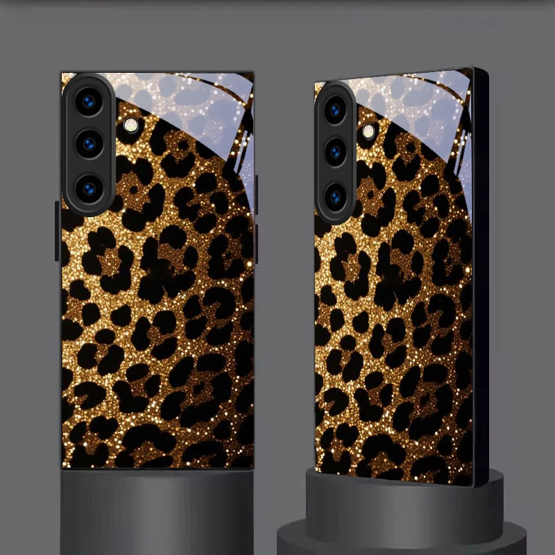 Sparkle Gold‑Black Leopard Black Glass Phone Case For Samsung Galaxy S26 Ultra S25 Edge S24 FE S23 Plus S22 S21 S20 S22 25 Cover