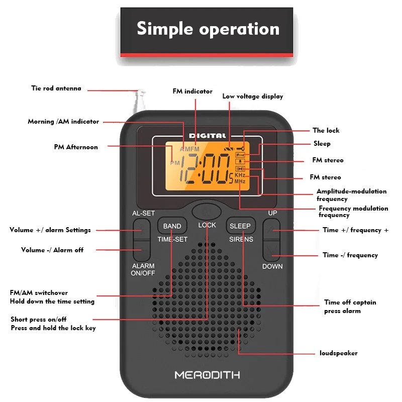 W-206 FM/AM Radio Portable Battery by 2 AA ,Stereo Earphone, LCD Display Digital Alarm Clock sleep,Morning/AM indicator image 4
