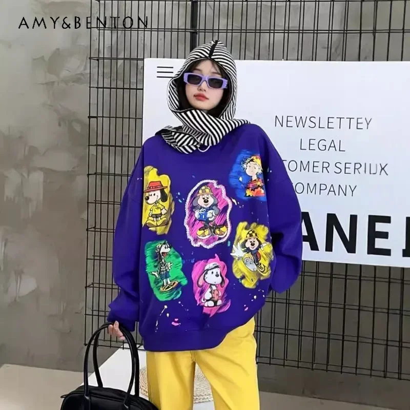 

American Retro Style Loose Cartoon Sequins Craft Sudaderas Women's Clothes Fashion Age Reduction Heavy Industry Hooded Pullovers