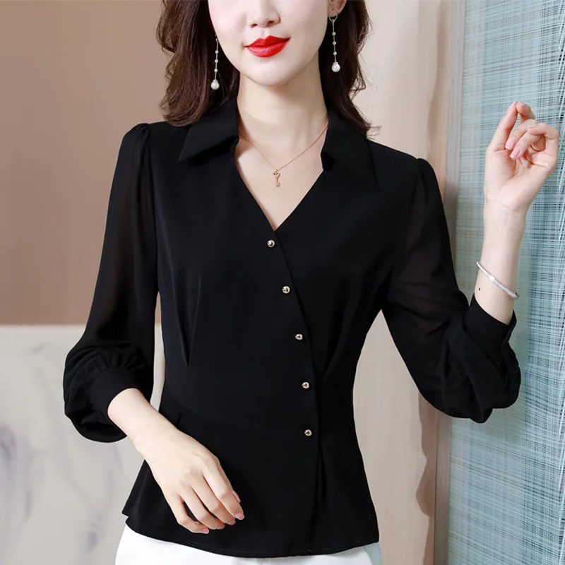 #2541 Spring Black Office Chiffon Blouse Women Long Sleeve V-neck Buttons Irregular Short Blouse Female Regular Fit Elegant