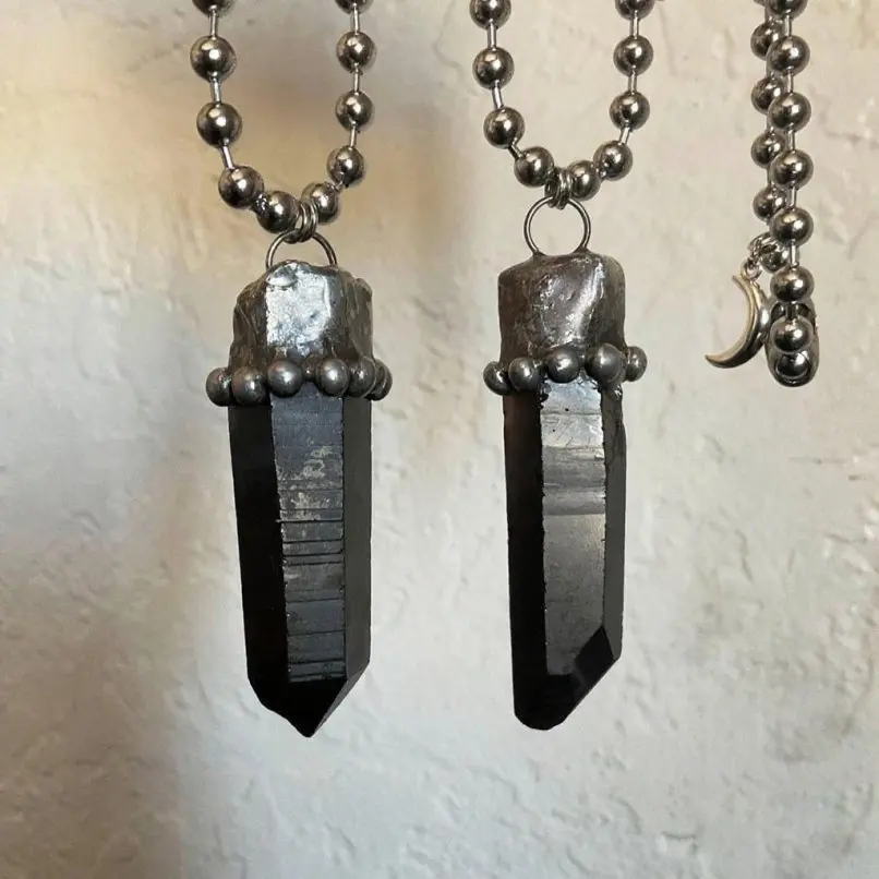 Vintage Smoky Morion Crystal Free Form Necklace Handmade Soldered Antique Silver Plated Jewelry For Women